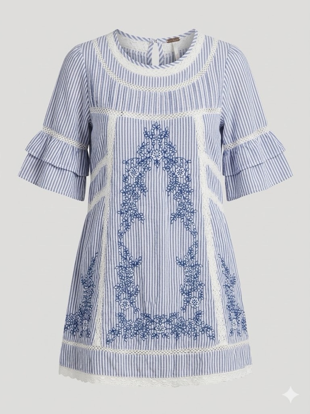 Free People Blue & White Striped Embroidered Ruffle Sleeve Dress